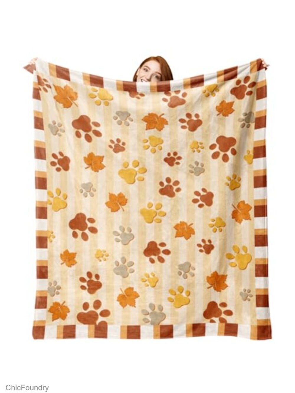 Flannel Throw Blanket with Paw Print and Maple Leaves, Autumn Camping Soft